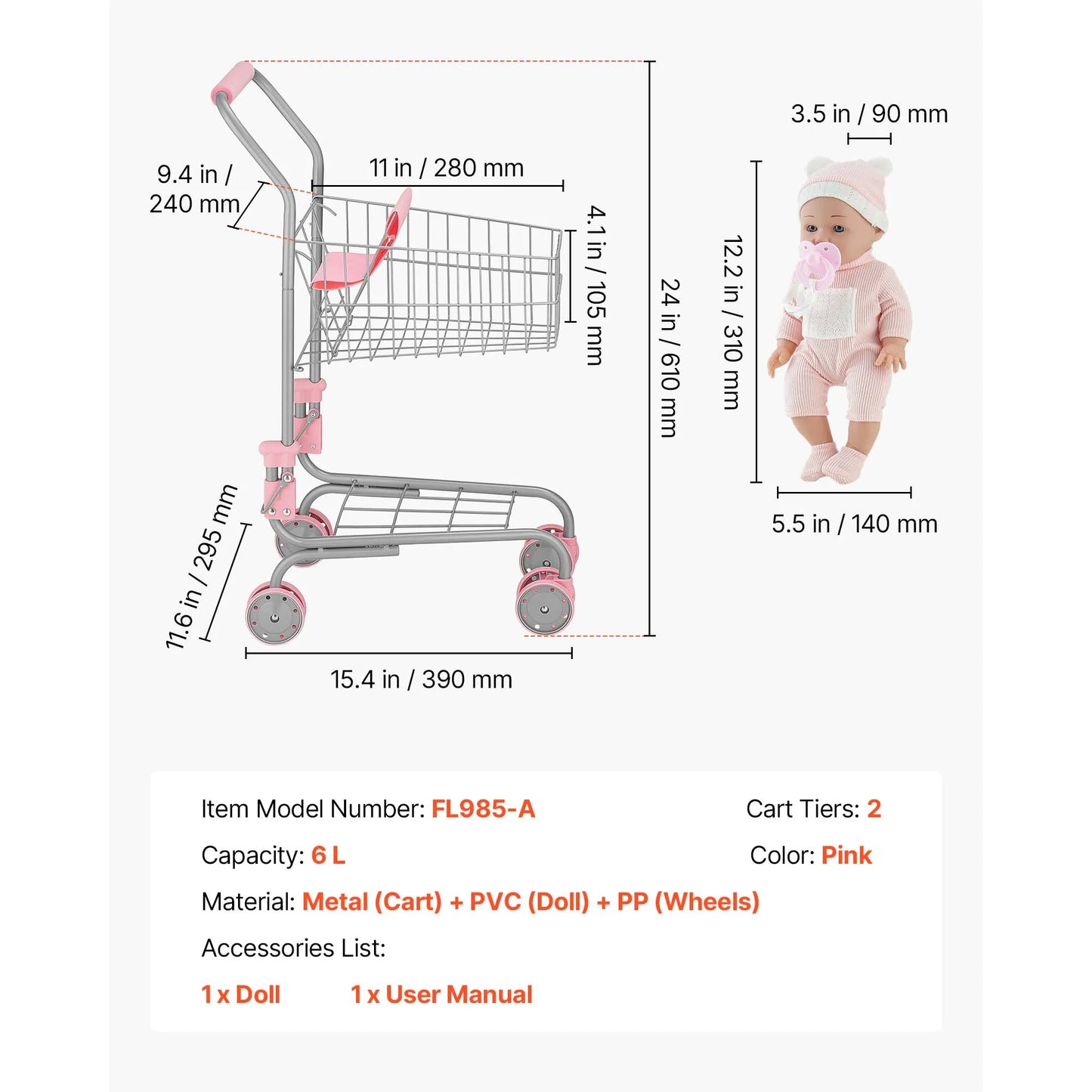 SucceBuy Kids Shopping Basket Foldable Cart Toy with Baby Doll Grocery Store Pretend Play Toys Trolley for Children Toddlers