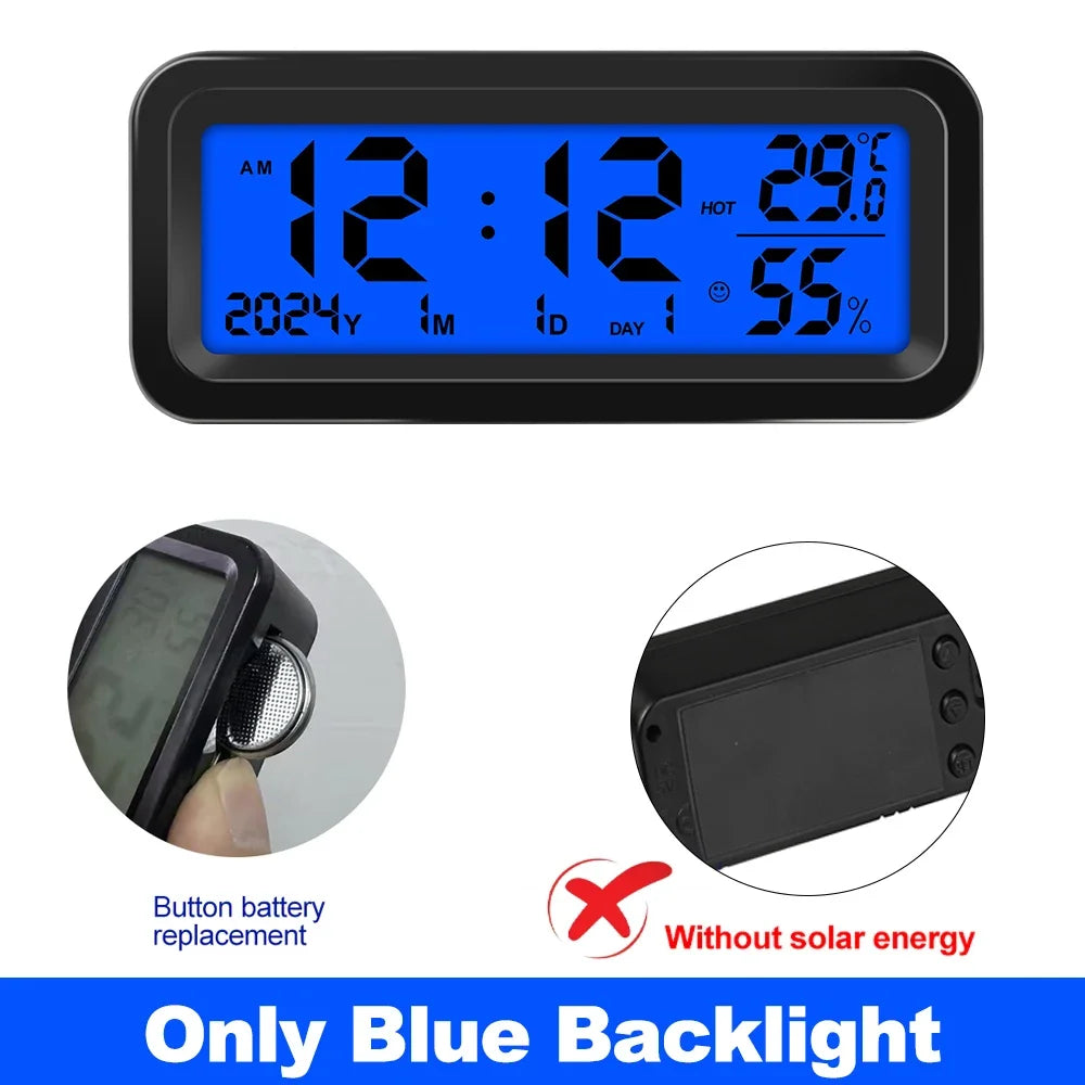 Digital Car Clock Solar/USB Powered with Date Week Temperature Humidity LCD Backlit Display Dashboard Automobile Stick-On Clock