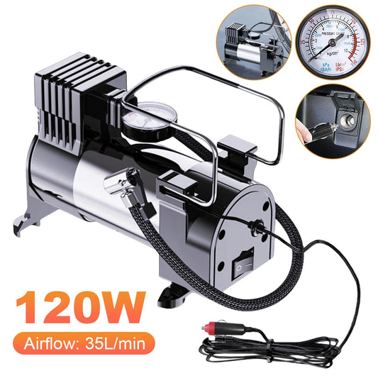 12V Car Tire Pump with Pressure Gauge Car Electric Air Pump Auto Inflatable Pump Heavy Duty Deluxe Portable Metal Air Compressor