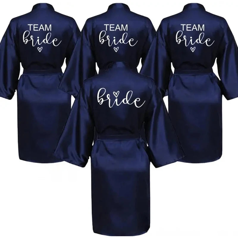 Wedding Party Team Bride Robe Kimono Satin Pajamas Bridesmaid Bathrobe Gold Letter SP093
