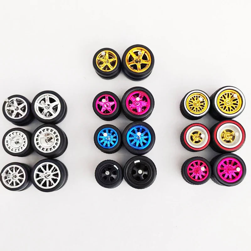 10 Sets 1/64 Staggered Wheels 11mm 13mm Drag Progressive Wheel Front Small Rear Large Rims Rubber Tires for 1:64 Model Cars HW