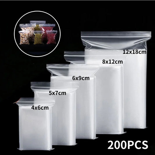 200/100PCS Transparent Zip Bags Food Jewelry Vacuum Storage Bag Plastic Thicken Reclosable Poly Bag Kitchen Organization 2030