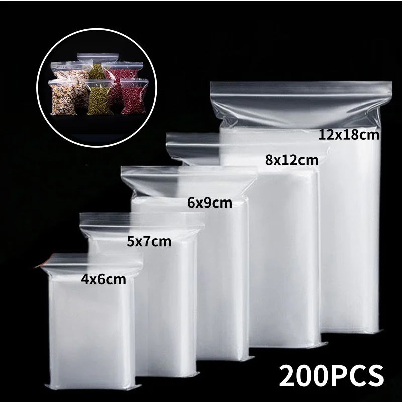 200/100PCS Transparent Zip Bags Food Jewelry Vacuum Storage Bag Plastic Thicken Reclosable Poly Bag Kitchen Organization 2030
