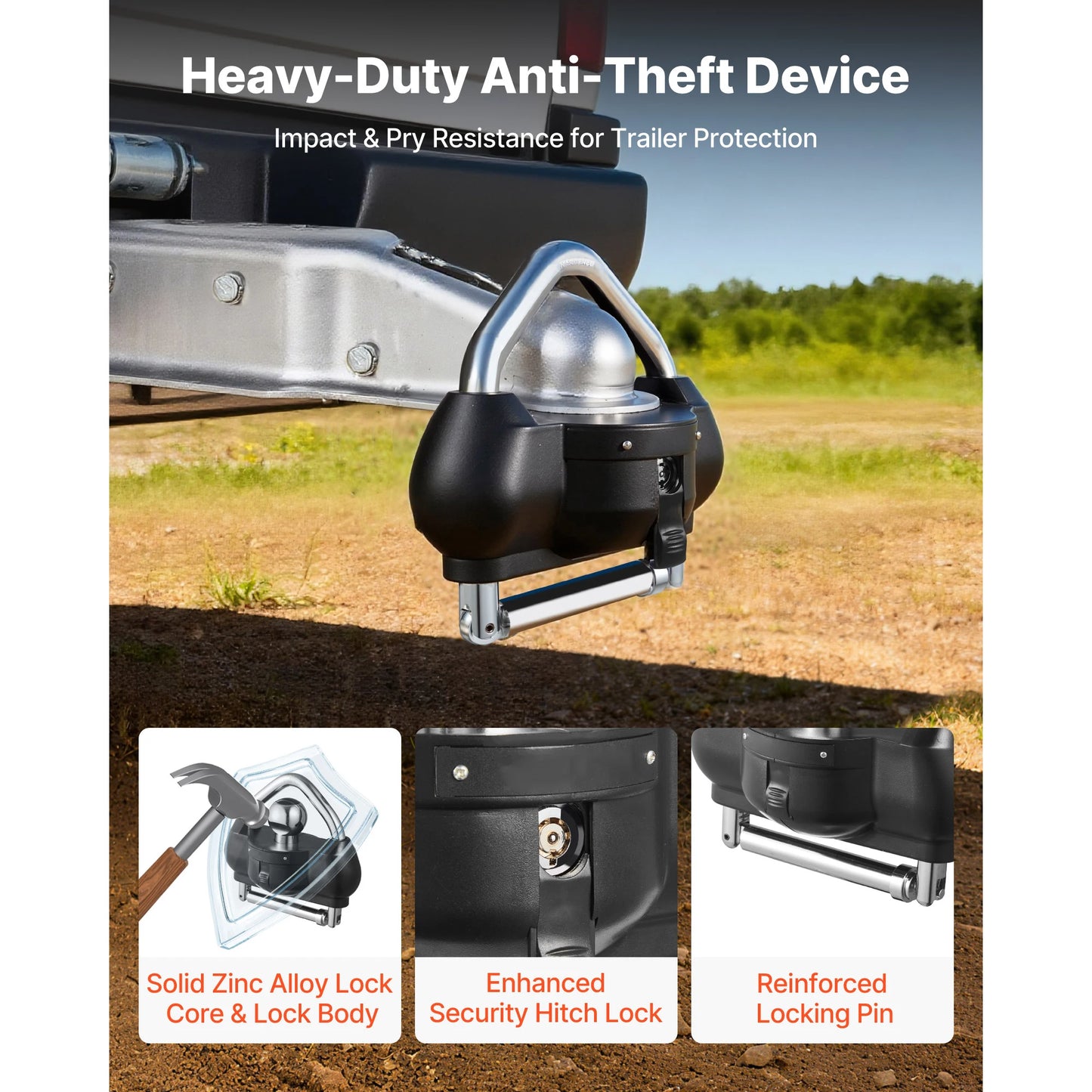 SucceBuy Trailer Hitch Lock Anti-Theft Adjustable Height Trailer Ball Lock Fits 1-7/8 in 2 in 2-5/16 in Couplers for RVs Boats
