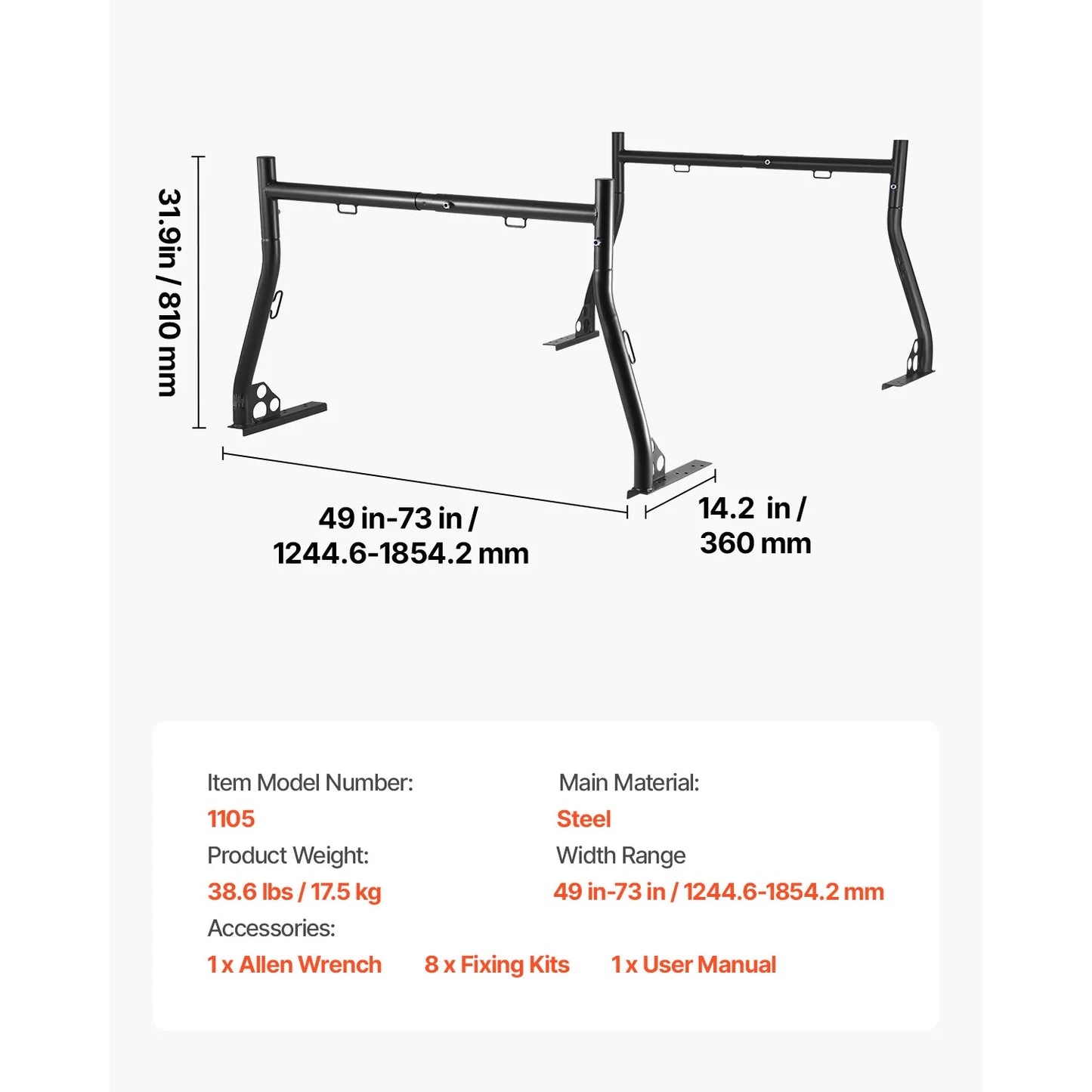 SucceBuy Truck Ladder Rack 49-73 in Width Extendable Universal Rack Heavy Duty Steel with 800lbs Static Load Capacity for Canoes
