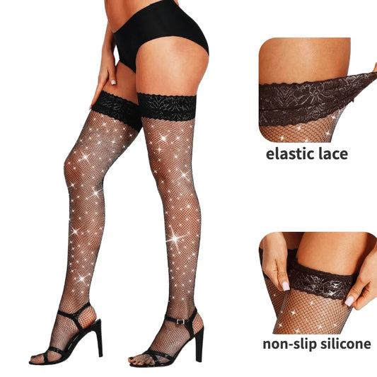 Popular Women Non Slip Silicone Sparkly Rhinestone Stockings Fishnet Thigh High Socks Girls Lace Top Hosiery Stay Up Stocking