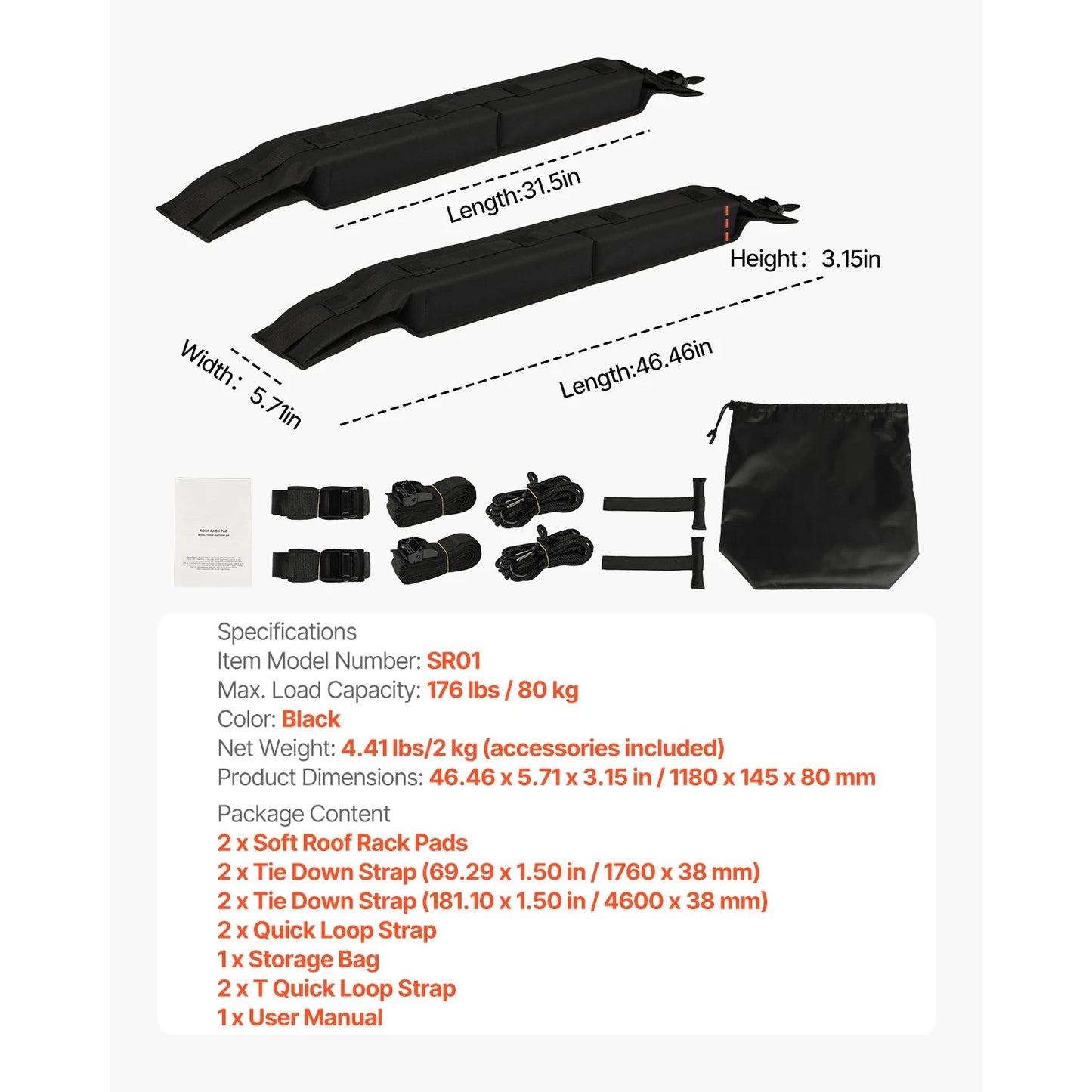 SucceBuy Soft Roof Rack Pads, 31.5"Universal Car Roof Rack Pad 176LBS Luggage Kayak Carrier for SUP Canoe Snowboard Paddle Board