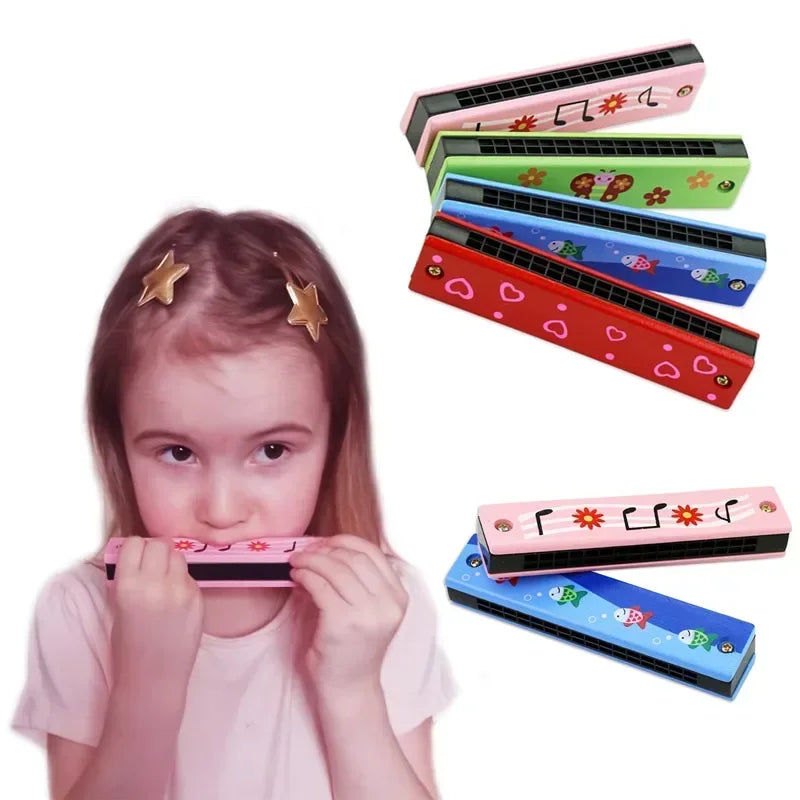 Children's wooden painted harmonica Montessori puzzle toy cartoon pattern children's musical instrument enlightenment music toy