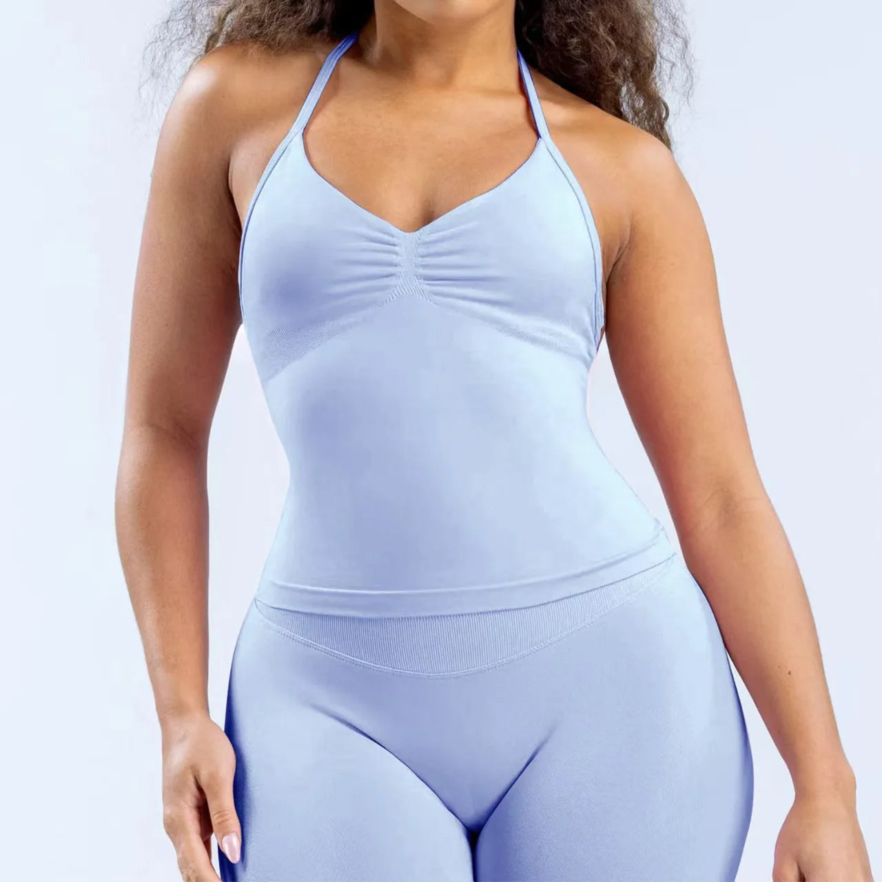 Cavendi 2 Pieces impact gym Halter top seamless shorts Women Yoga outfits Sportswear Sports Suits Fitness Top Gym set