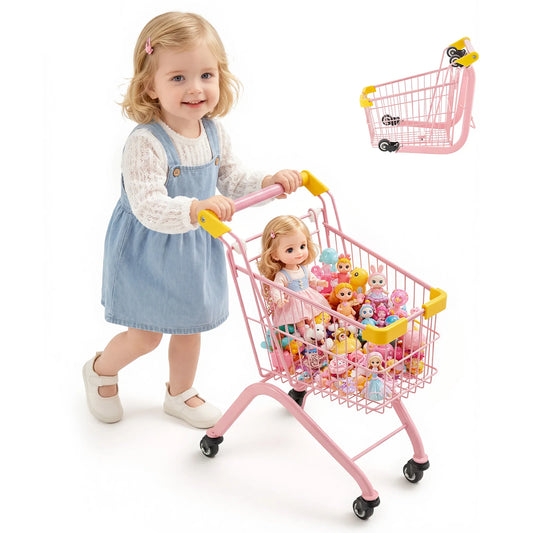SucceBuy Shopping Cart Toy with Wheels Grocery Store Pretend Play Foldable Shopping Cart Trolley for Kids Early Education Toys