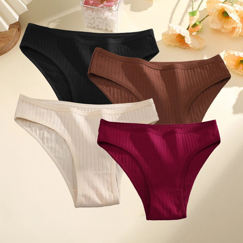 4PCS/SET Women's Cotton Panties Sexy Soft Striped Underpants 12 Solid Color Briefs Female Comfortable Stretch Lingerie M-XL