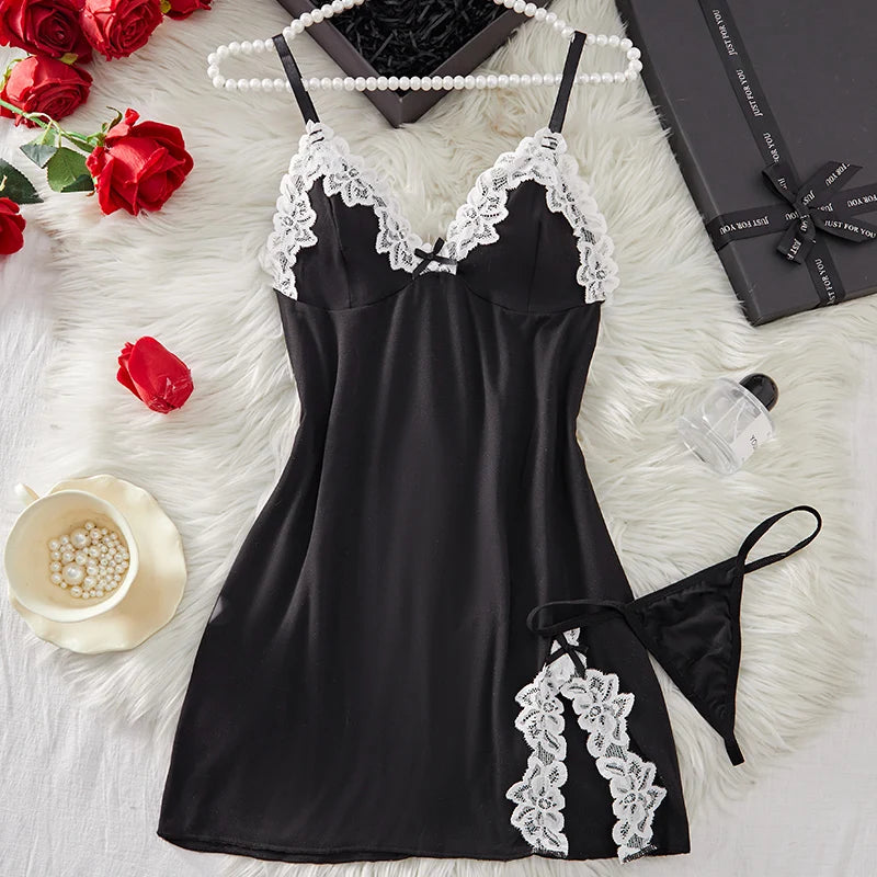 Light Purple Deep V Women Nightdress Sexy Lace Bow Lingerie Adult Dress Babydoll Sex Sleepdress Underwear Set Erotic Clothing