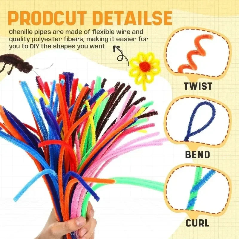 1000/10pcs Colorful Twisting Bar Chenille Fluffy Pipe Cleaners Stems Plush Stick DIY Tinsel Rod Strips Kids Art Educational Toys