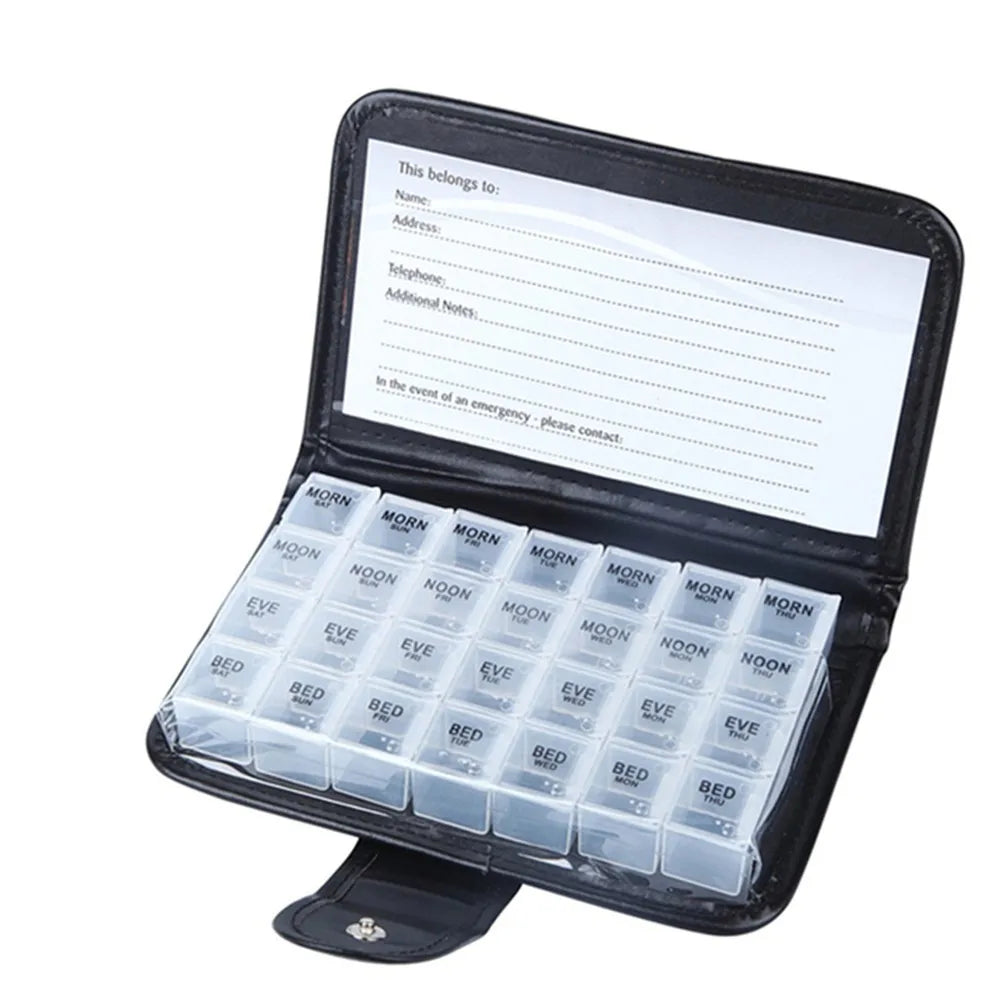 7day Pill Box 28 Compartments Multi-Coloured Weekly Case with PU Wallet for Vitamins Fish Oils Tablet Medicine Storage Organizer