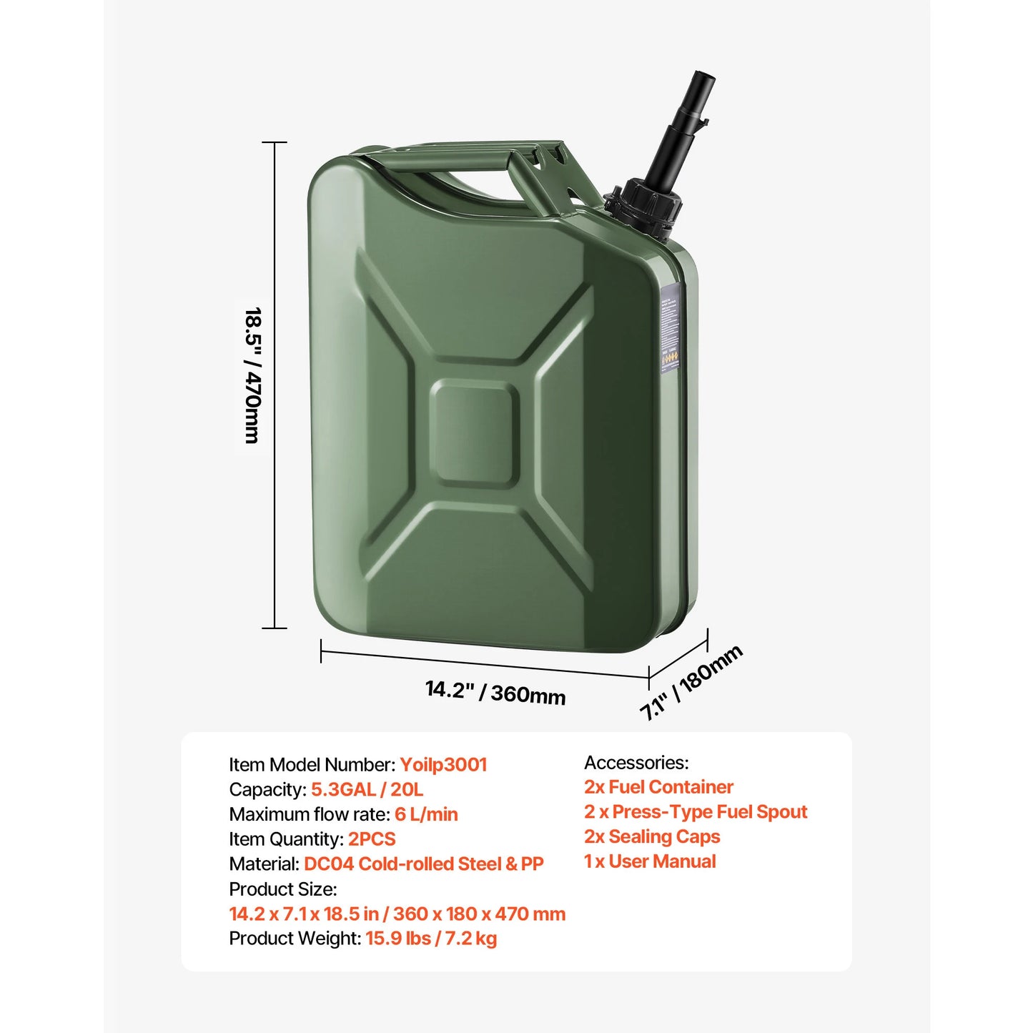 SucceBuy 1/2PCS 20L Metal Fuel Container Fuel Jerry Can with Spout & 6 L/min Max Flow Rate Gas Tank for Cars Motorcycle ATV UTV