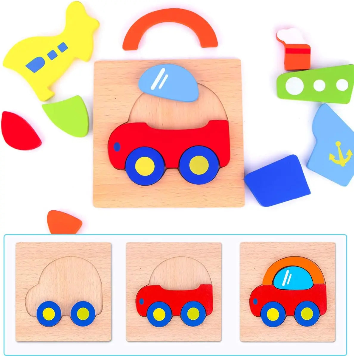 1pc Wooden Animal And Vehicle Puzzles For Toddlers, Boys And Girls Educational Toys Gift, Bright Color Different Shapes