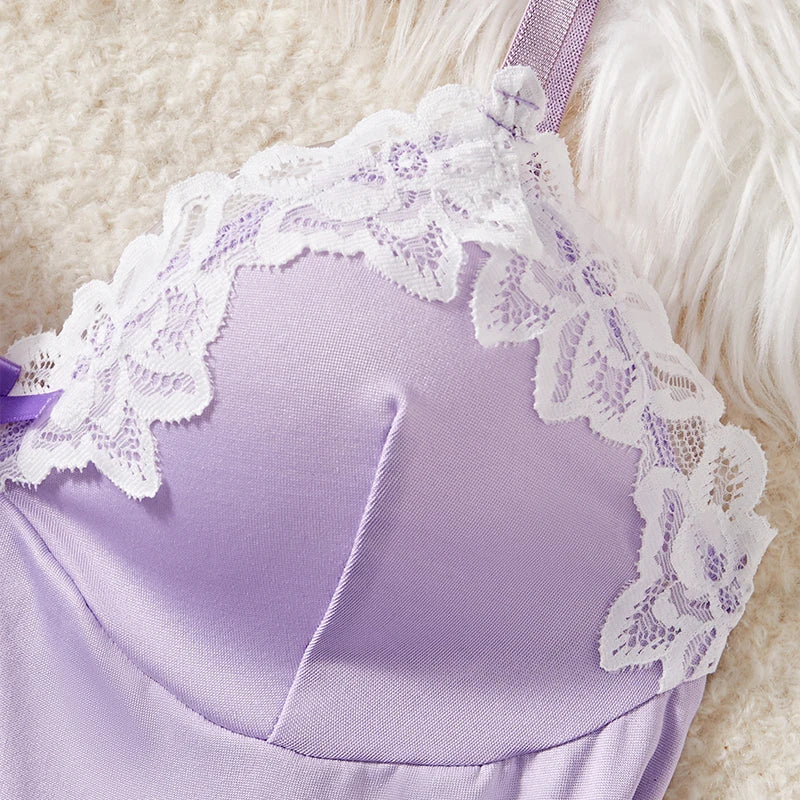Light Purple Deep V Women Nightdress Sexy Lace Bow Lingerie Adult Dress Babydoll Sex Sleepdress Underwear Set Erotic Clothing