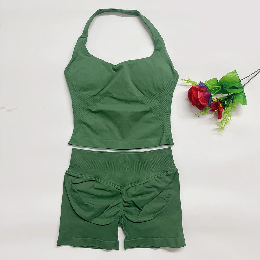 Yoga Outfit DFNNYE Two Pieces Gym Set Women DF Impact Yoga Outfits Backless Halter Top Shorts Fitness Clothes Workout Sets