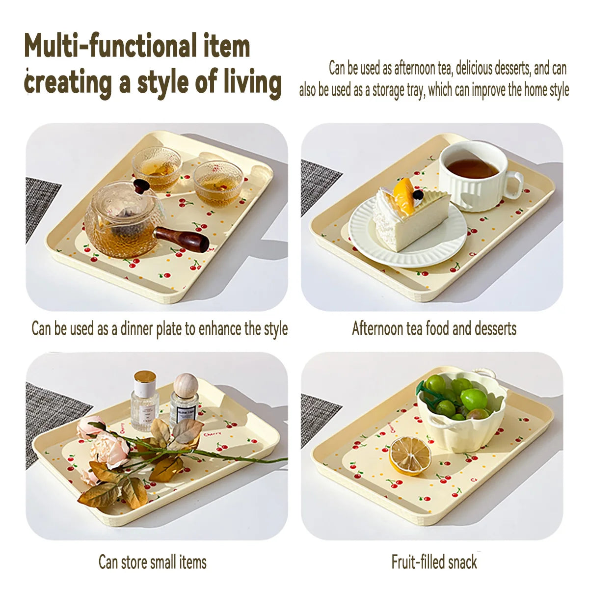 WORTHBUY Multifunctional Plastic Serving Tray Cherry Pattern Fruit Dessert Plates Kitchen Organizer Perfume Jewelry Storage Tray