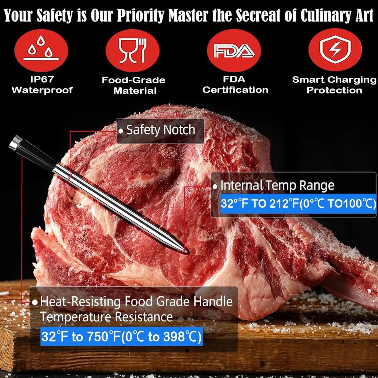 Searke Wireless Bluetooth Meat Thermometer IP67 Waterproof Probes APP 500m Distance Rechargeable for Grilling Smoker BBQ Oven