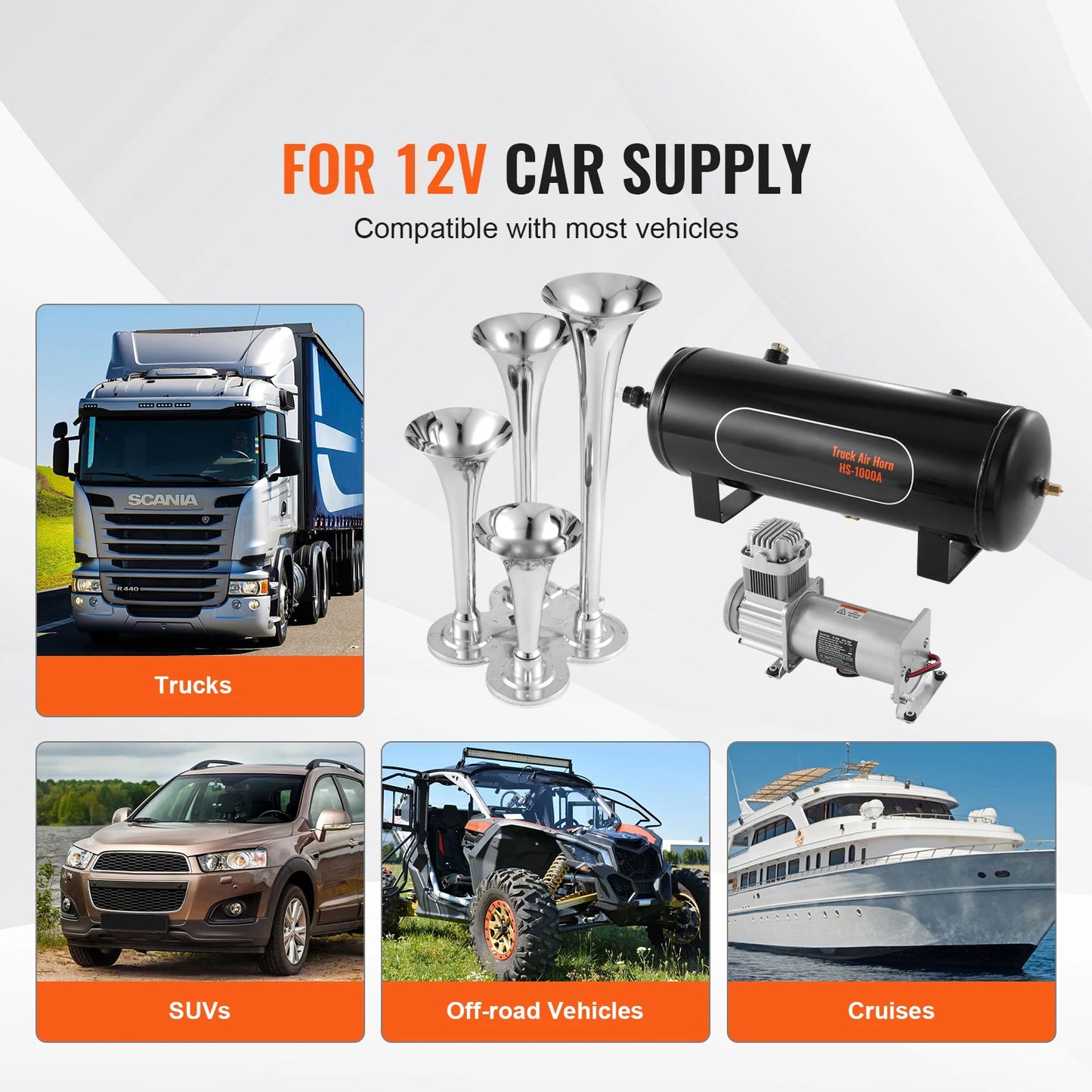 SucceBuy Train Horns Kit 4 Trumpet Air Horn Kit 150dB Train Horns 12V 120 psi Air Compressor for Car Truck Train Van Boat Pickup