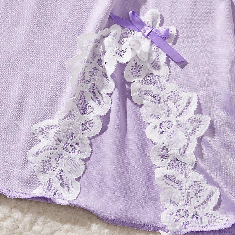 Light Purple Deep V Women Nightdress Sexy Lace Bow Lingerie Adult Dress Babydoll Sex Sleepdress Underwear Set Erotic Clothing