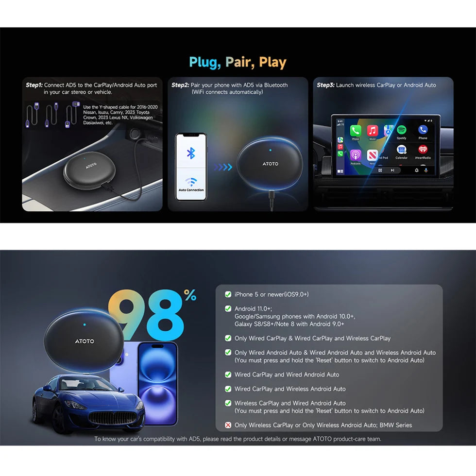 ATOTO Smart Car Android Auto Wireless Carplay Adapter Automotive AI TV Video Box Car Ring Kit Bluetooth Radio Stereo Play AD5