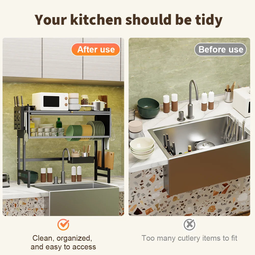 Over The Sink Dish Drying Rack（85L x 80H cm）, 3 Tier Large Dish Drainers Drying Rack for Kitchen Counter with Dust Cover