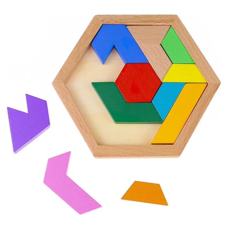 Hexagon Tangram Puzzle Wooden Brain Puzzles IQ Test Challenge Logic Training For Kids Adults Montessori Educational Toys