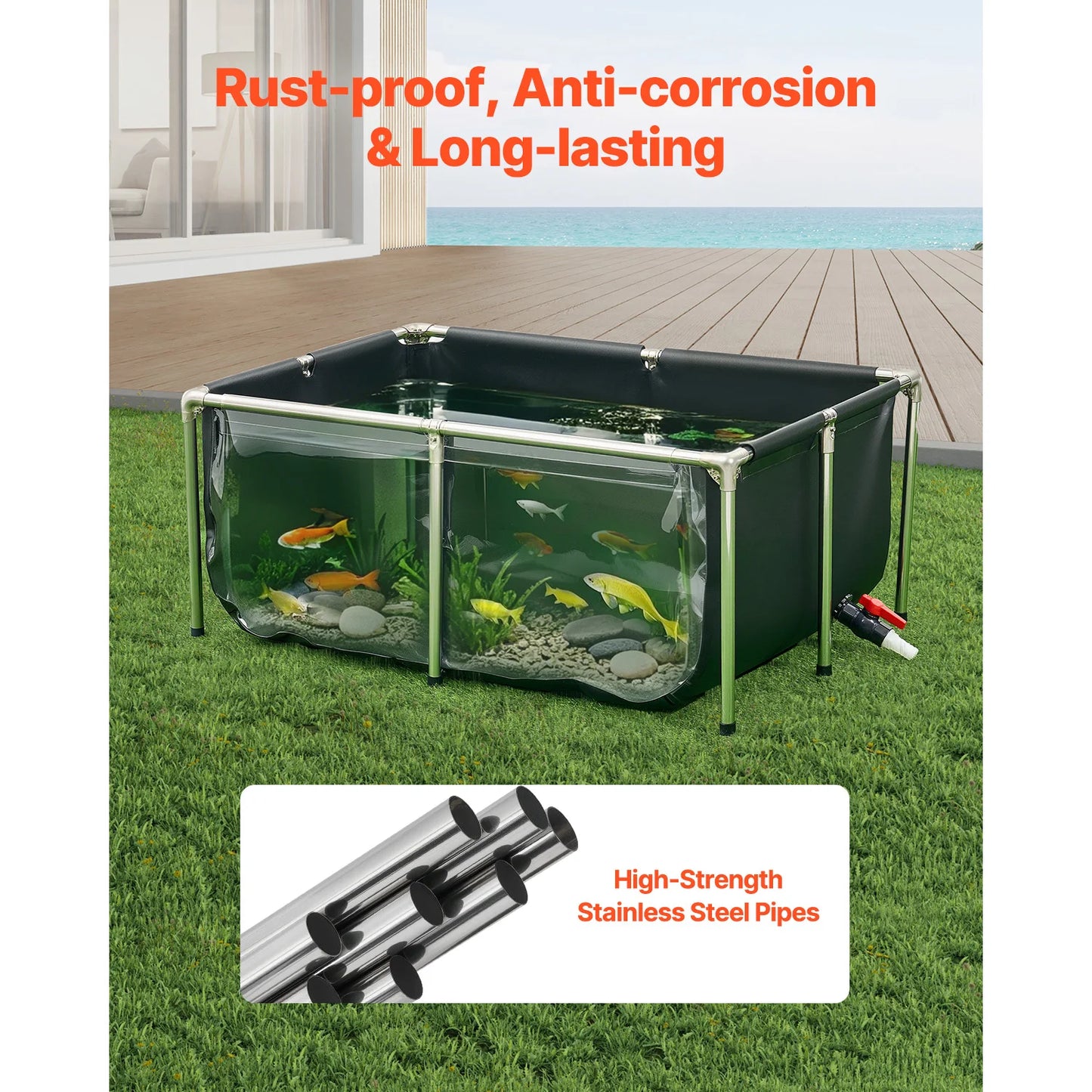 SucceBuy 126.8/270/470 Gal Canvas Fish Pond Rectangular Goldfish Tank with Stainless Steel Frame & Drain Valve for Breeding Koi