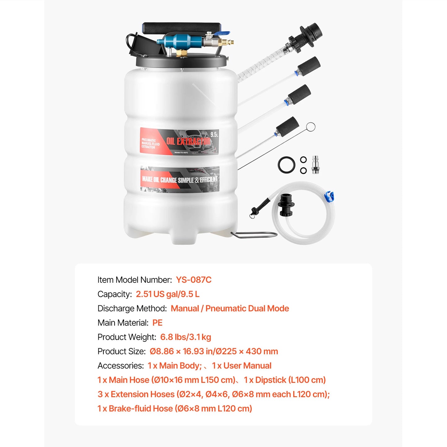 SucceBuy Fluid Extractor 9.5 L Pneumatic/Manual Vacuum Oil Extractor Pump with 59in Horse 47in Extension Tubes PE Tank for Cars