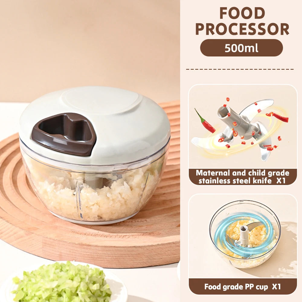 500ml Manual Food Processor Vegetable Chopper, Portable Hand Pull String Garlic Mincer Onion Cutter for Veggies, Ginger, Fruits