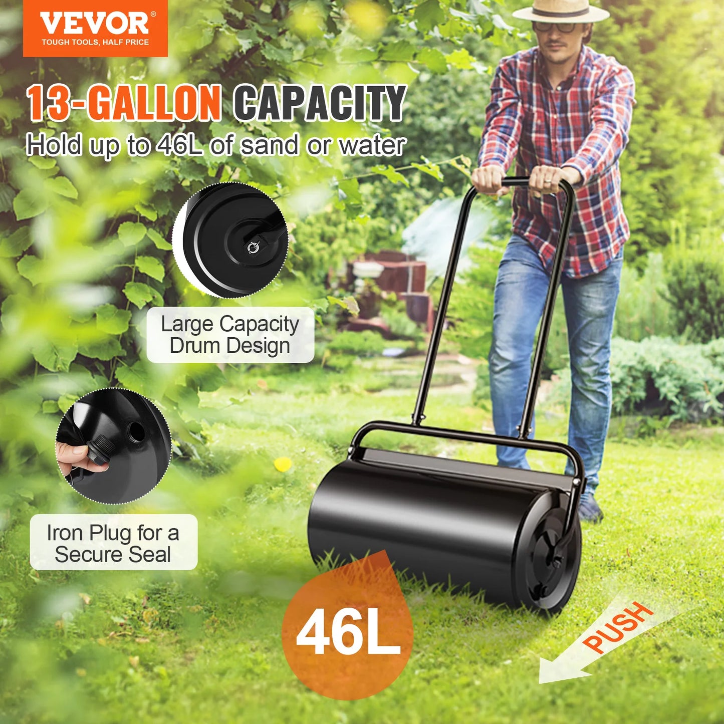 SucceBuy Lawn Roller 13 Gallon Sand/Water Filled Yard Roller Steel Sod Roller with Easy-turn Plug and U-Shaped Ergonomic Handle
