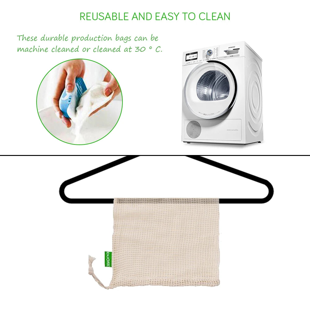 Reusable Cotton Mesh Produce Bags for Vegetable Fruit Food Kitchen Washable Grid Storage Bag Eco String Bag Kitchen Organizer