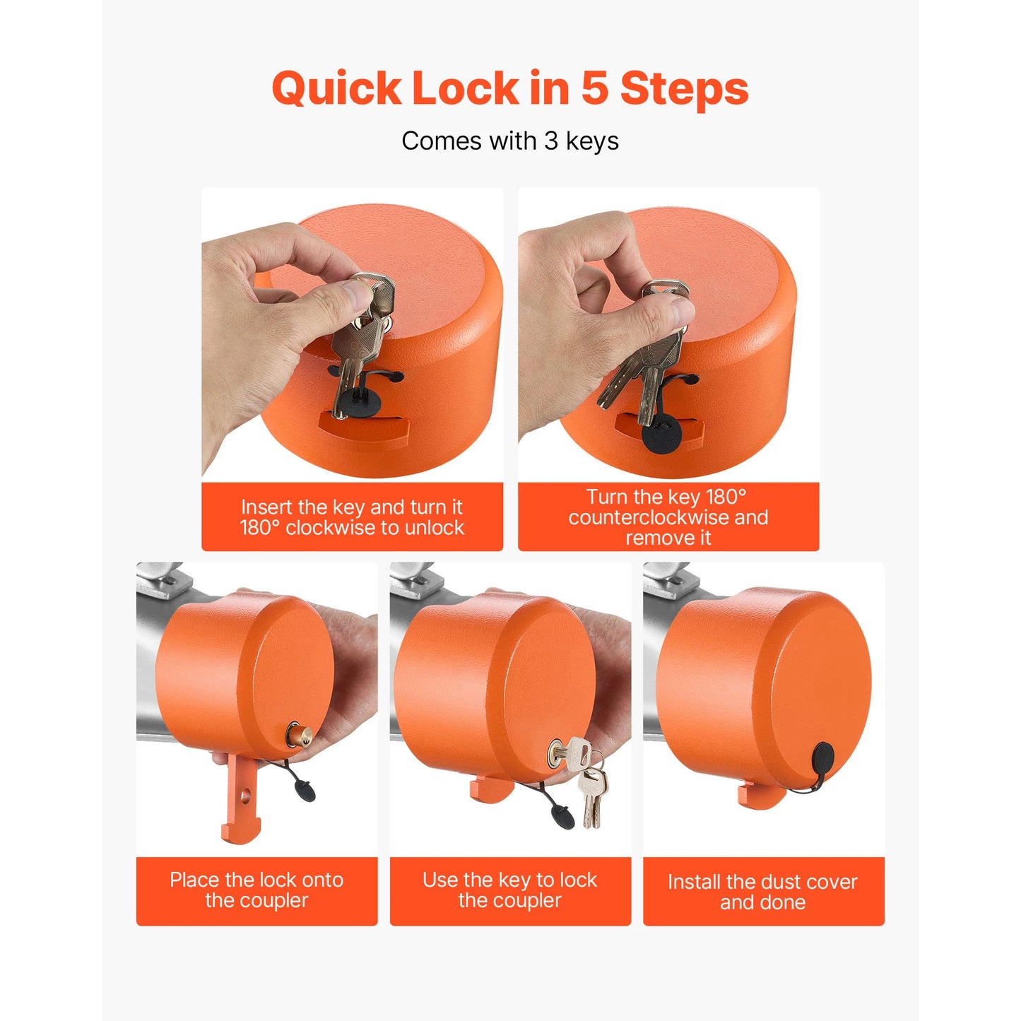 SucceBuy Boat Trailer Lock Fits 1-7/8 & 2 & 2-5/16in Straight Tongue Ball Couplers Hitch Lock with 4 Keys Security Chains for RV