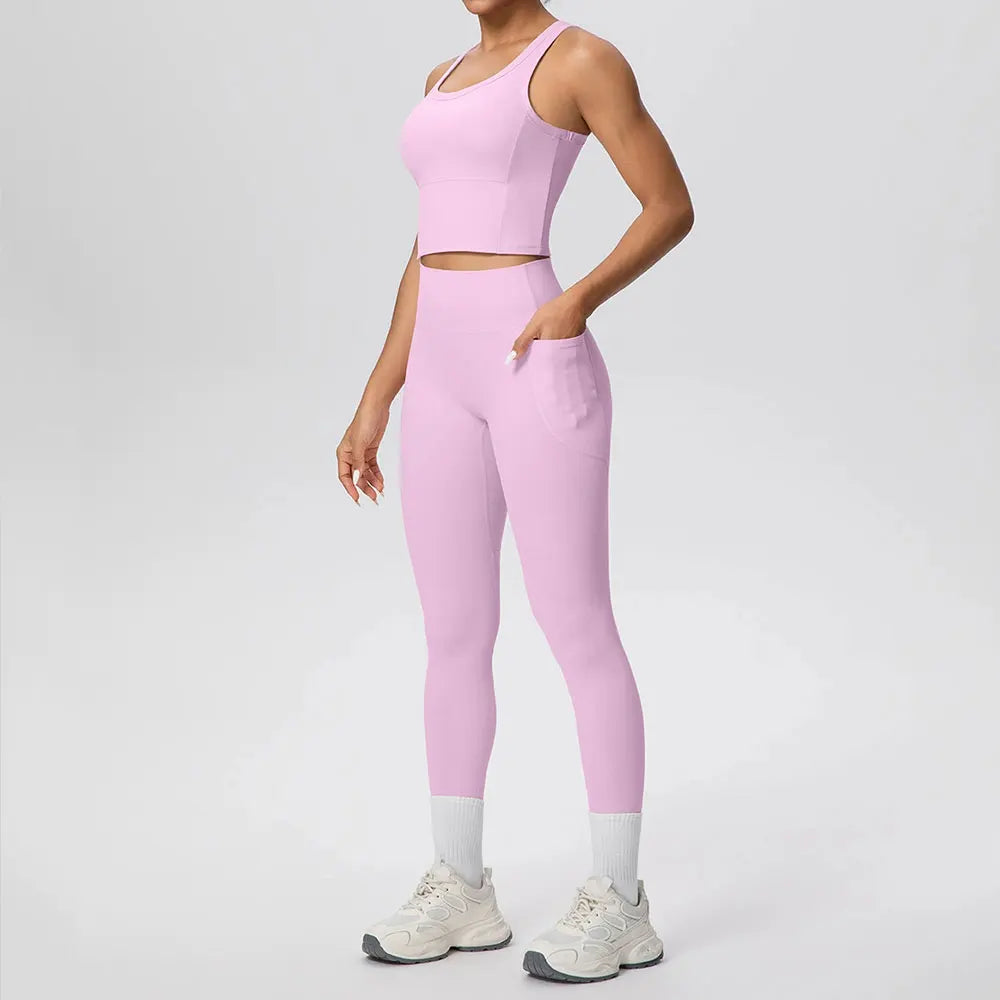 2PCS Yoga Suit Sports Set Women's Push Up Tracksuits Fitness Sports Bra Running Leggings With Pockets Workout Clothes Sportswear