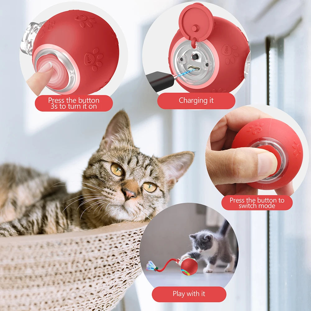 Cat Interactive Ball Toys W/Fake Tail Rechargeable Smart Pet Electric Toy Anti-Depression Automatic Rolling Ball for Indoor Cats