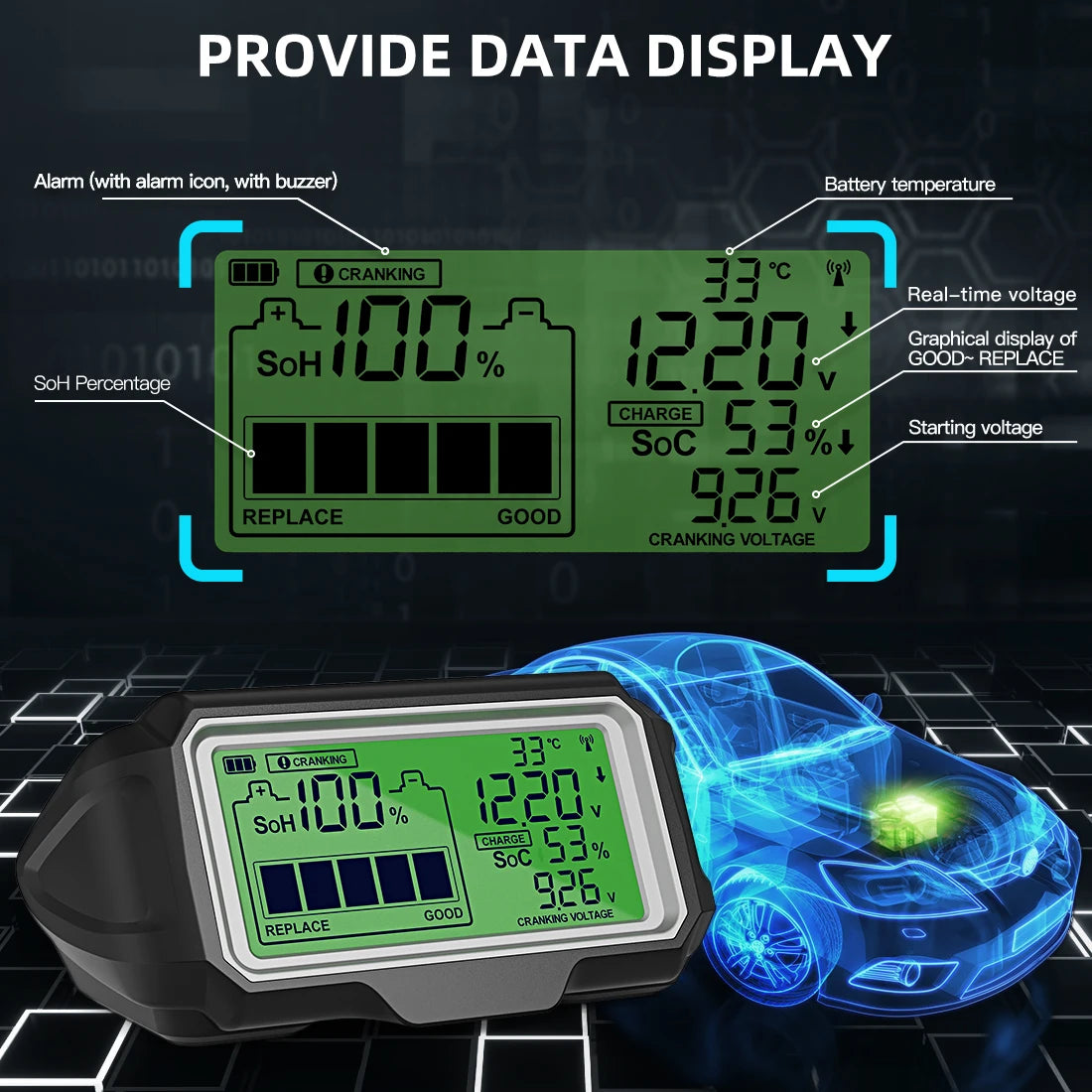 QUICKLYNKS BM5-D 12V Car Battery Tester LED 433MHz Monitor Head-Up Display SOH SOC Charging Battery Analyzer Diagnostic Tool