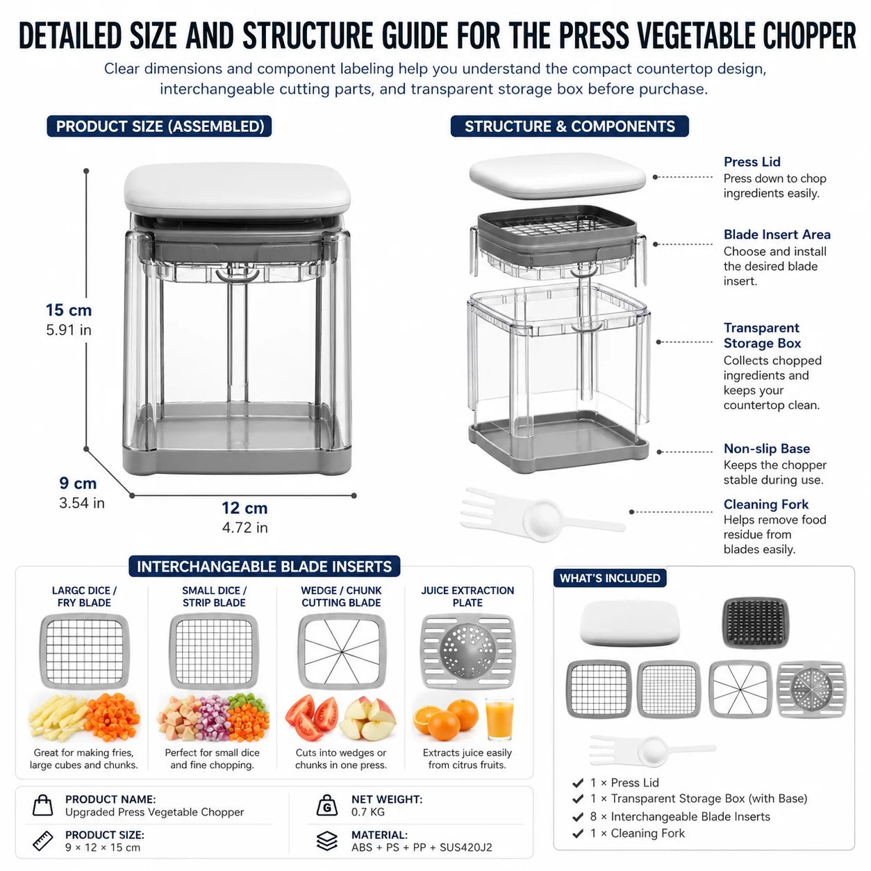 Multifunctional Vegetable Chopper Potato Chipper With 4 Blades Press Down Onion Cutter For Fast Salad Cooking Preparation