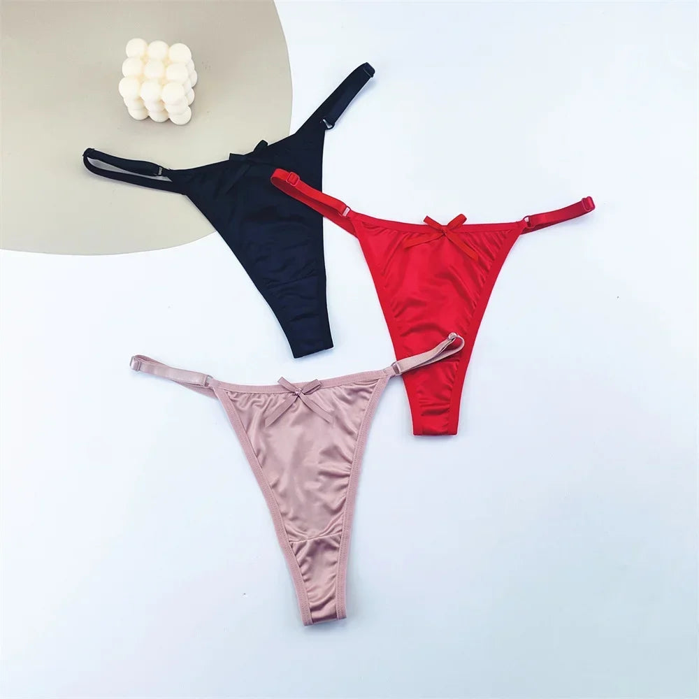 3PCS Adjustable Satin Thong Women Sexy G-string Underwear Low Waist T Back Peach Buttocks Tempting Sexy Bow Lingerie
