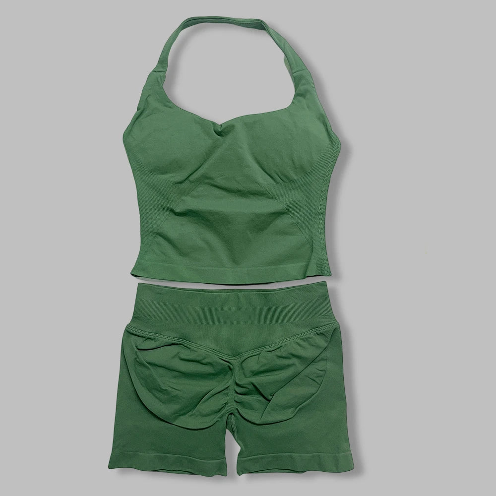 yoga outfits Women 2 pcs Sports DF Impact Set halterneck Backless Halter Top Seamless Scrunch Shorts Gym Workout Sports Suits