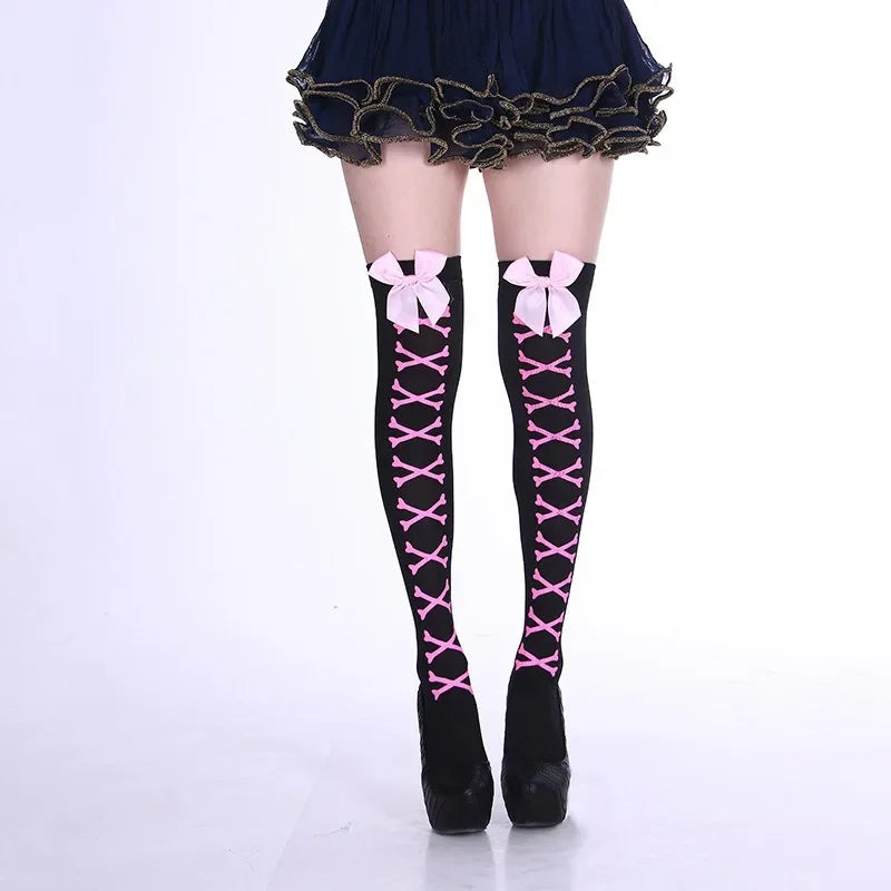 Bow Decor Thigh High Stockings Mesh Thin Over The Knee Socks Cosplay Soft Sexy Women Stockings Hosiery