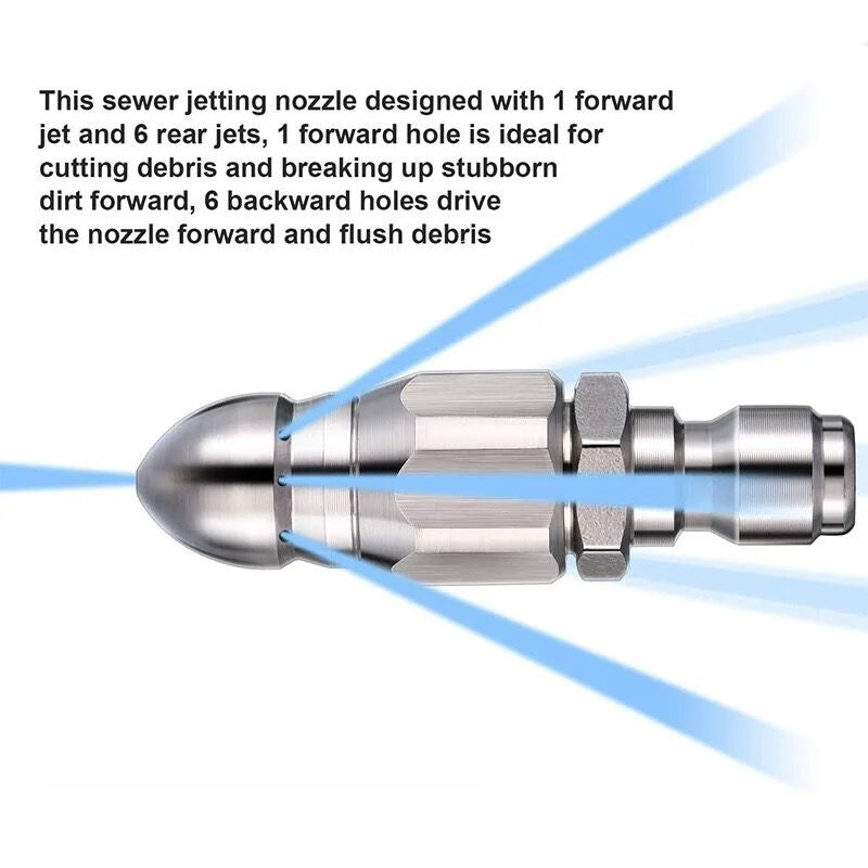 Sewer Cleaning Tool Sewer Jetter Nozzle Stainless Steel Pressure Washer Drain Jetter Hose Nozzle, with 1/4" Quick Connector