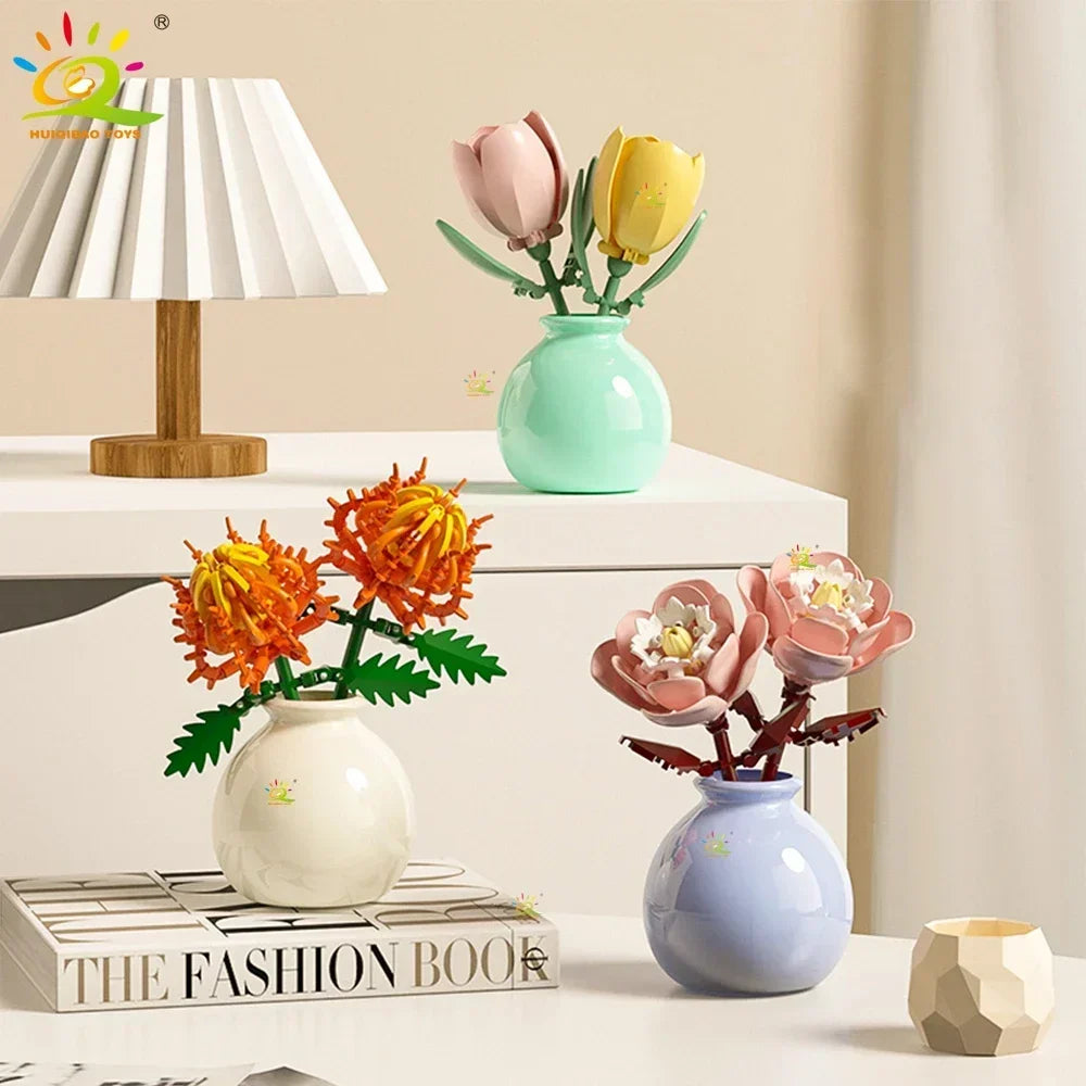 HUIQIBAO MOC Flower with Vase Model Building Block DIY Eternal Bouquet Home Desk Desk Plant Decor Brick Girl Gift Children Toy
