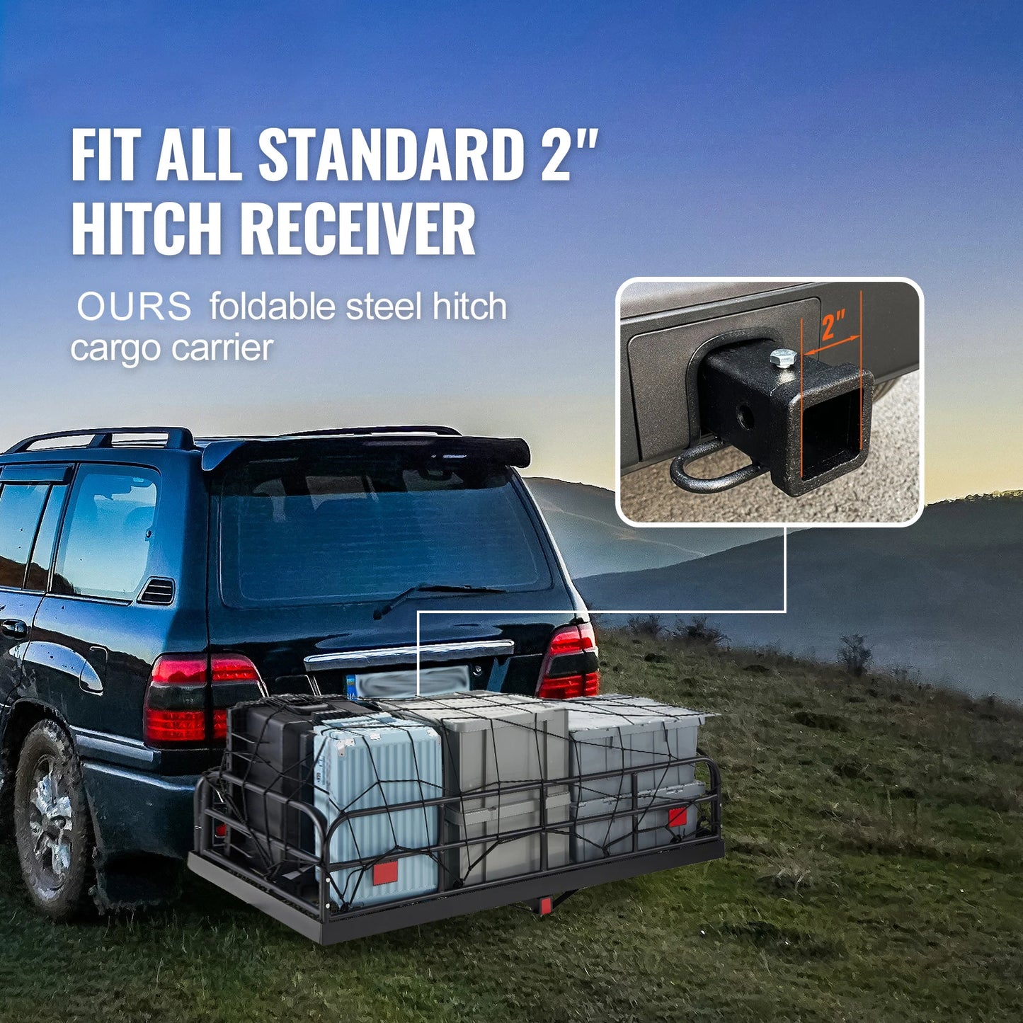 SucceBuy Hitch Cargo Carrier 60 x 24 x 14 in Folding Trailer Hitch Mounted Steel Cargo Basket 400lbs Loading Capacity Luggage