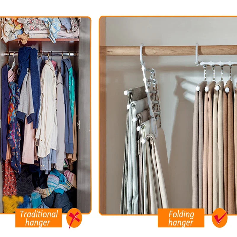 5 in1 Save Space Pants Hanger Collapsible Towel Tie Hook Multi-functional Clothes Trouser Rack Wardrobe Closet Organizer Storage