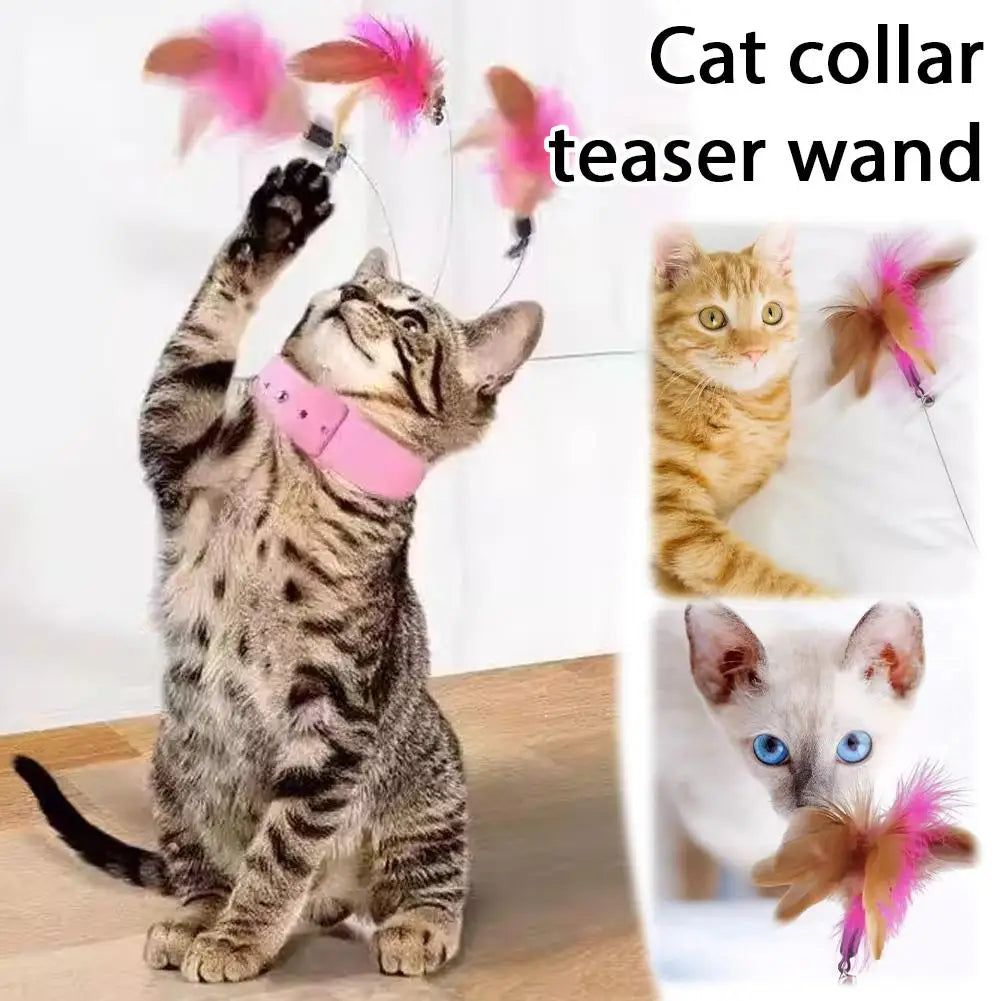 Interactive Cat Collar Toy Teasing Wand with Colorful Feathers and Bell Adjustable Design Self Playing Toy Pet Cat Teaser Wand