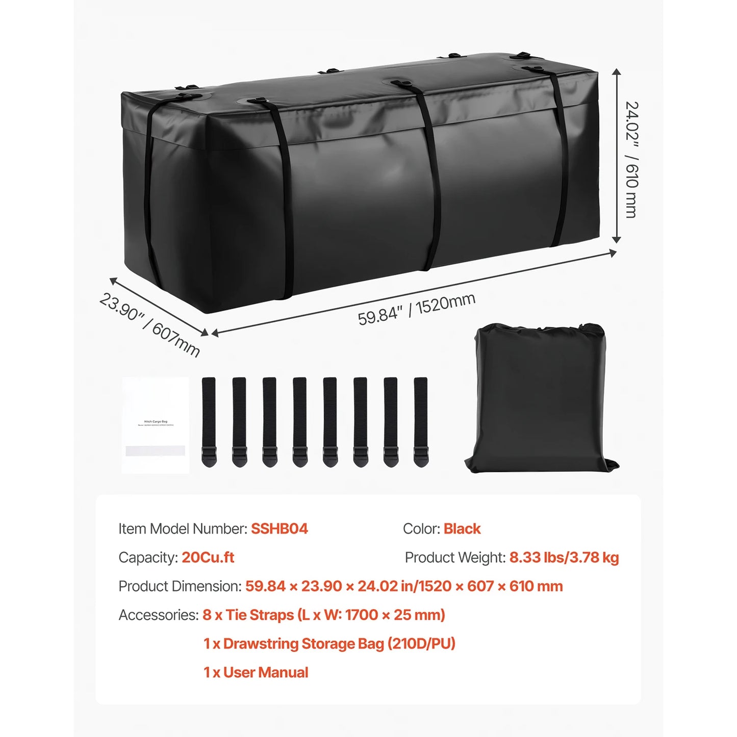 SucceBuy Hitch Cargo Carrier Bag Waterproof 840D PVC 57.48 x 19.49 x 23.82 in Heavy Duty Cargo Bag for Truck Bed Storage for Car