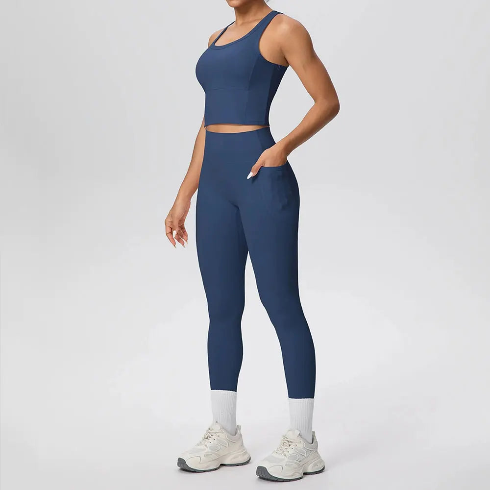 2PCS Yoga Suit Sports Set Women's Push Up Tracksuits Fitness Sports Bra Running Leggings With Pockets Workout Clothes Sportswear