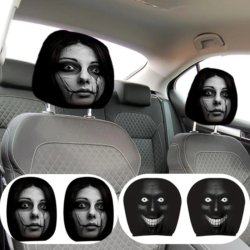 2/4PCS Creepy Face Car Headrest Covers Universal Dark Mystery Portrait Print Elastic Headrest Covers Halloween Style Car Gadgets